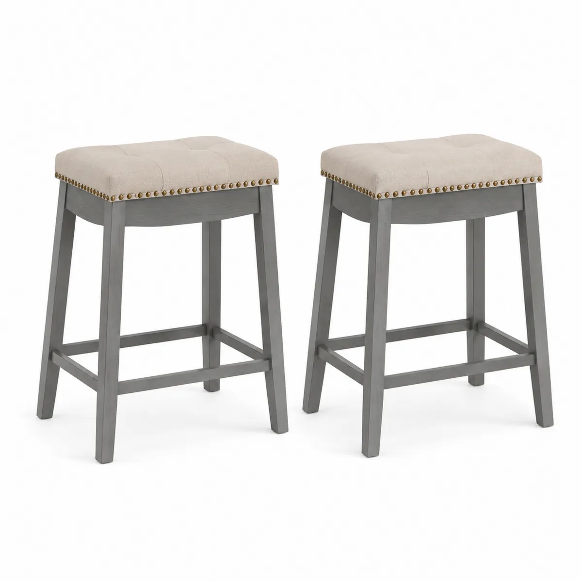 2er-Set Barhocker mit Holzgestell in Grau und Polstersitz in Beige