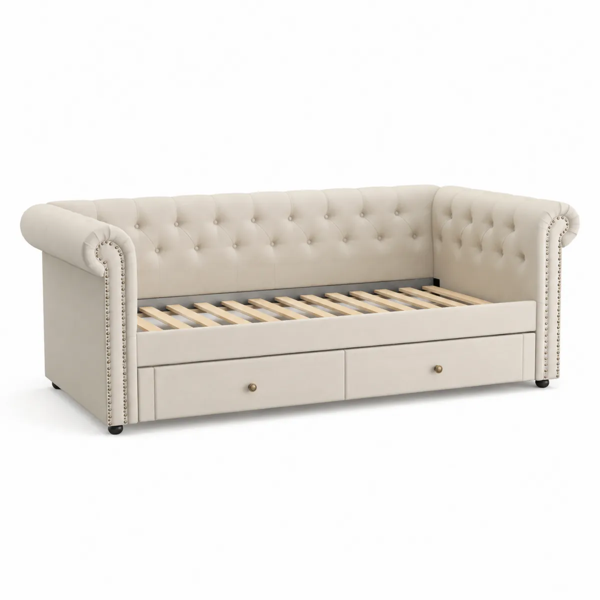 Tagesbett mit Schubladen Beige Stoff und Kunstleder
