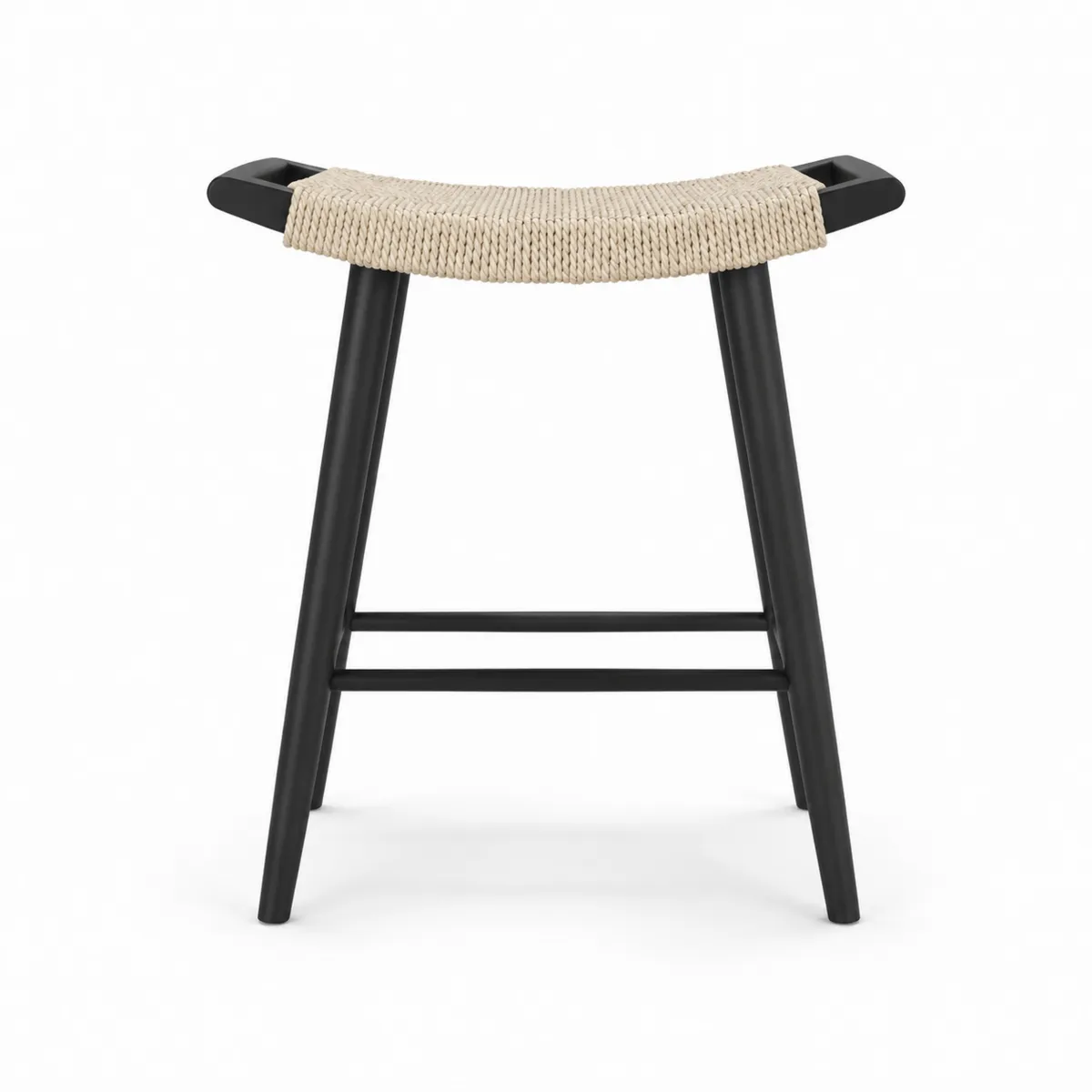 Barhocker mit Naturfasersitz und Metallgestell, Schwarz, 65 cm