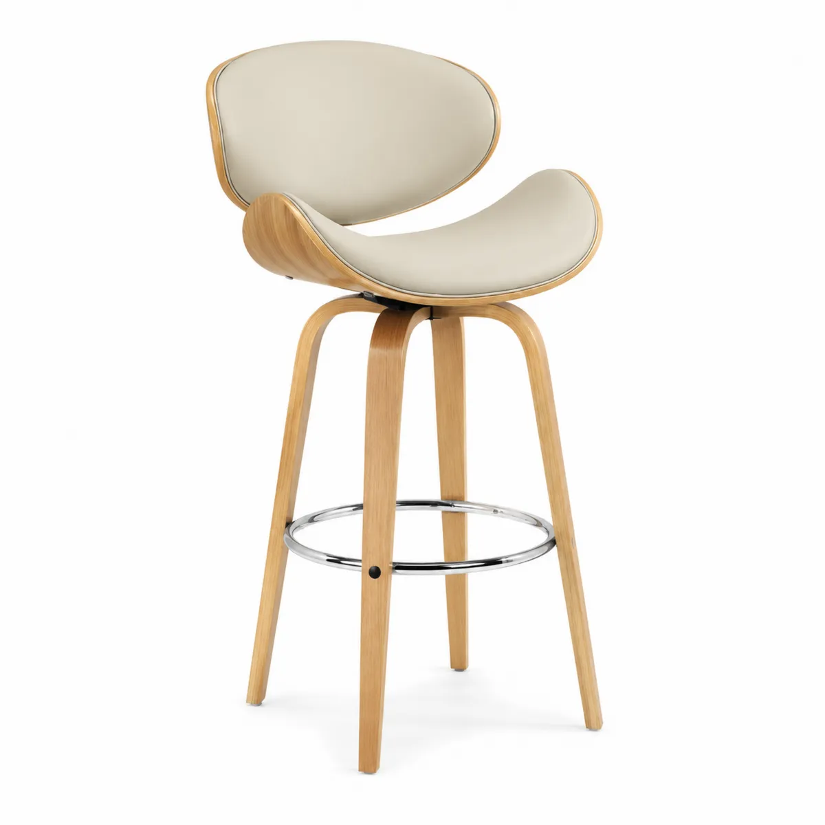 Barhocker aus Eichenholz und PU-Leder in Beige