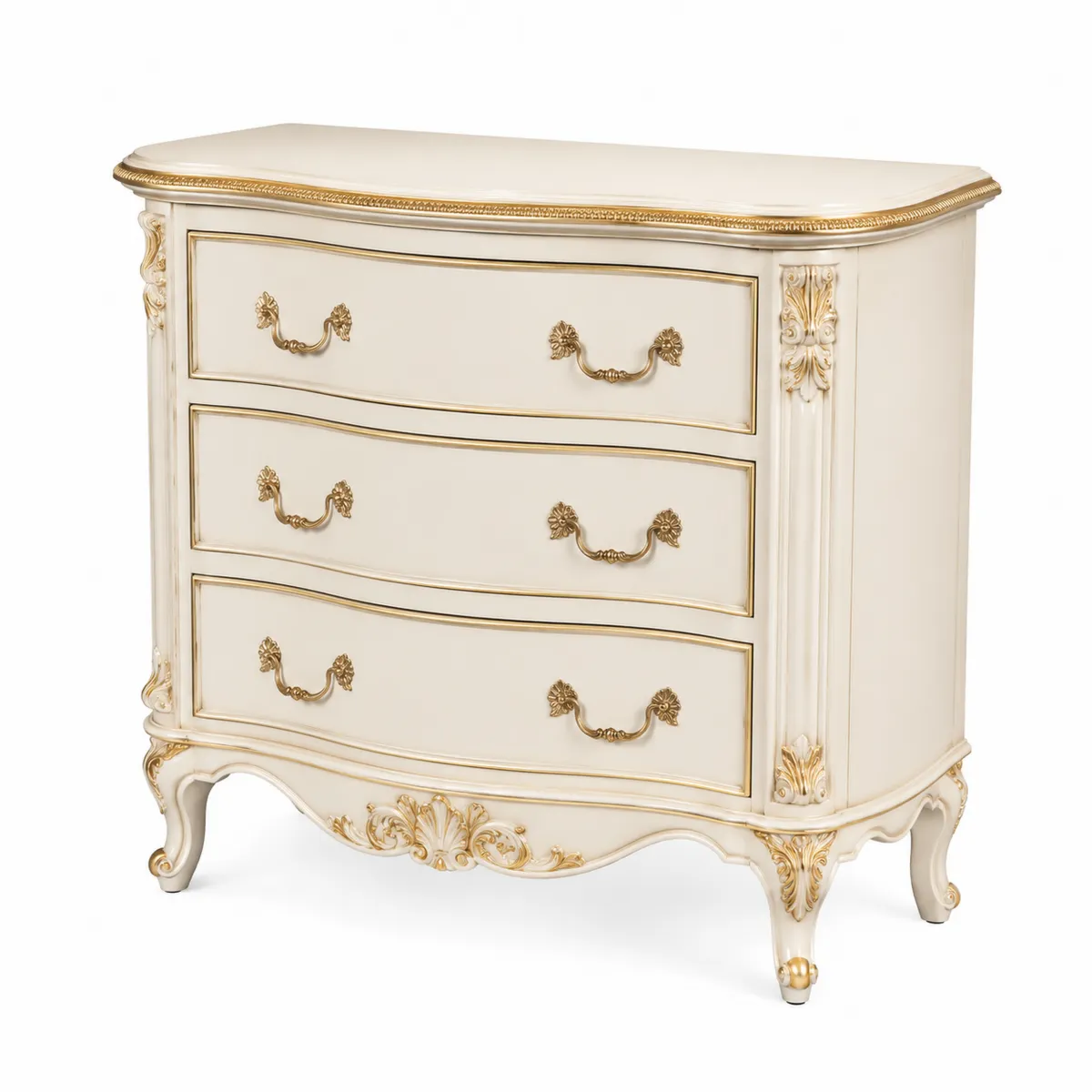 Holzkommode mit 3 Schubladen im Barockstil, Creme