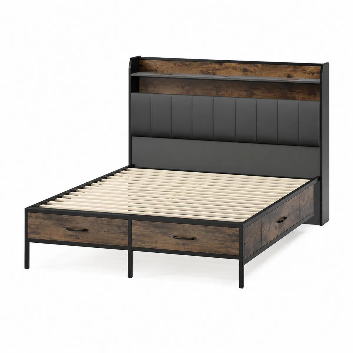 Doppelbett mit Regalkopfteil und Schubladen aus MDF und Metall 140x200 cm