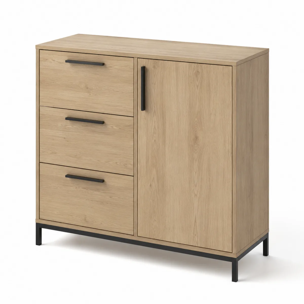 Kommode aus MDF mit Eichenfurnier und Metallgriffen, 90x40x80 cm