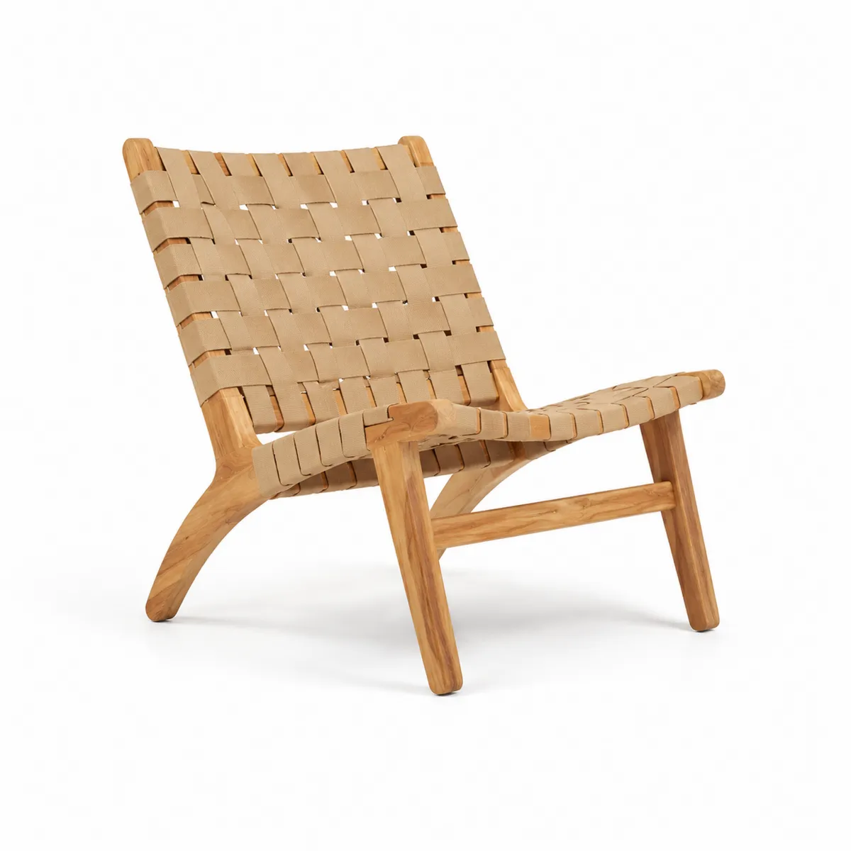 Teakholzstuhl mit Baumwollgewebegurten in Beige
