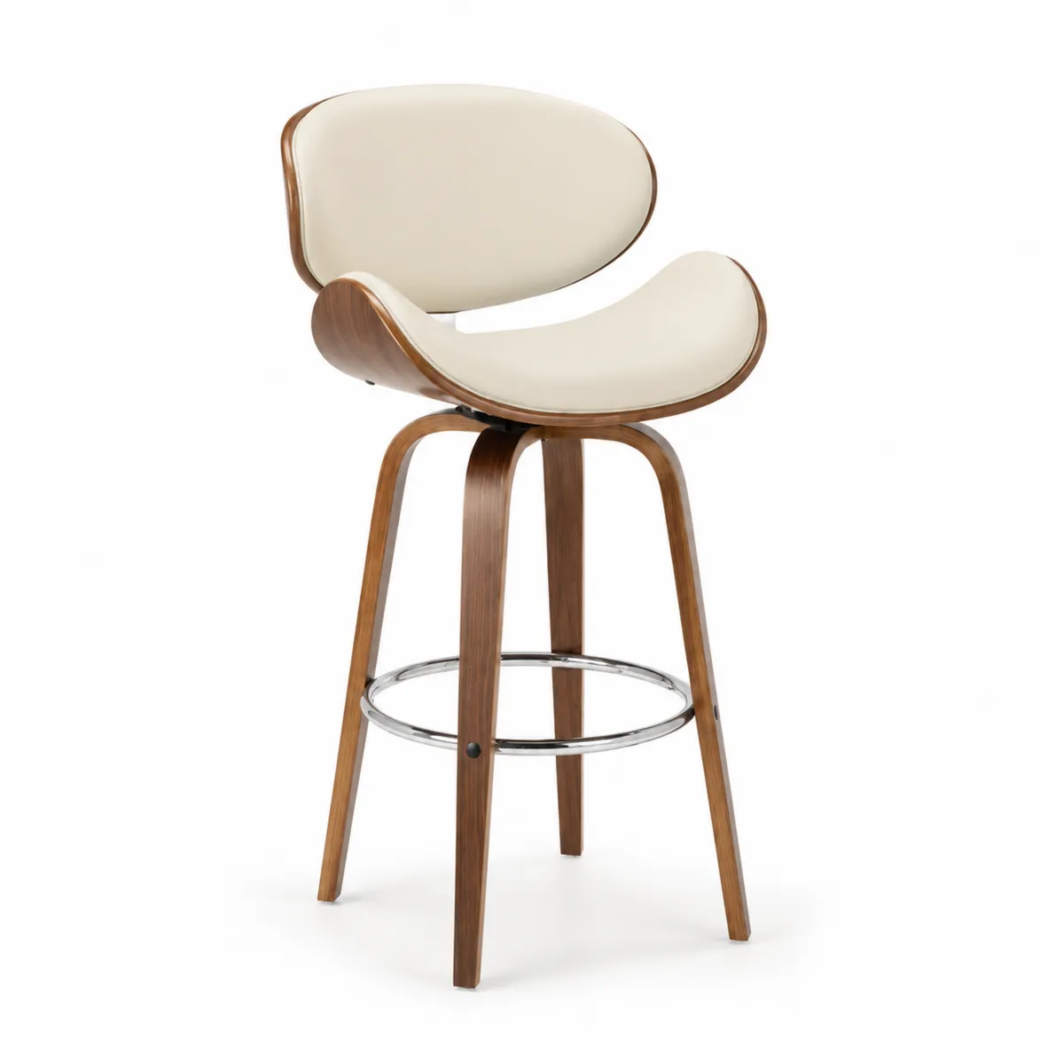 Barhocker aus Walnussfurnier mit PU-Ledersitz Creme