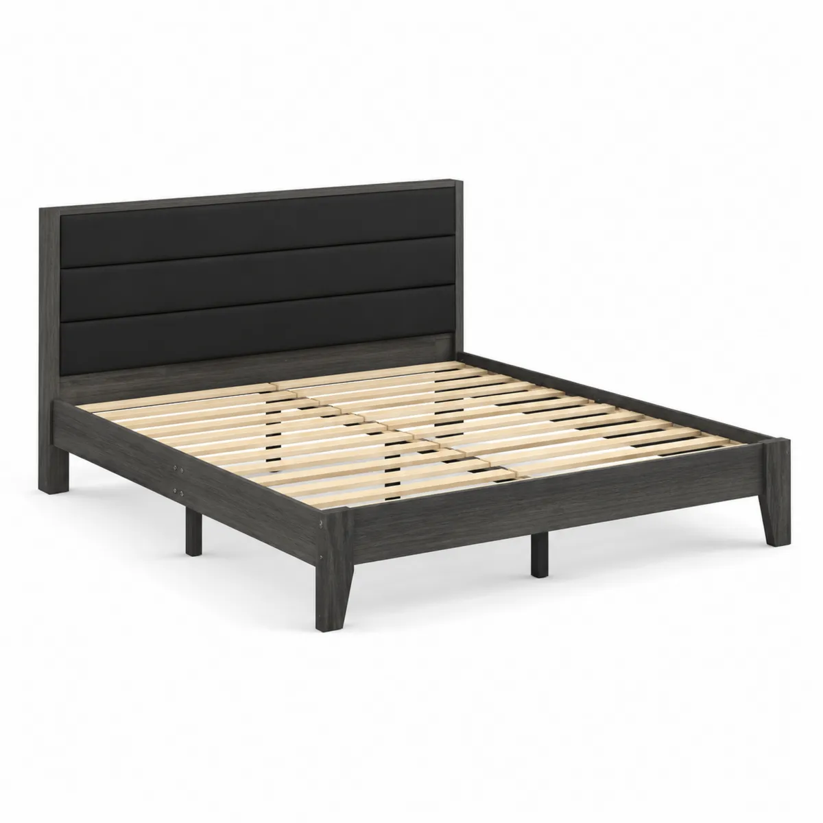Doppelbett mit Holzrahmen und gepolstertem Kopfteil aus Polyester 200x160 cm Schwarz/Grau