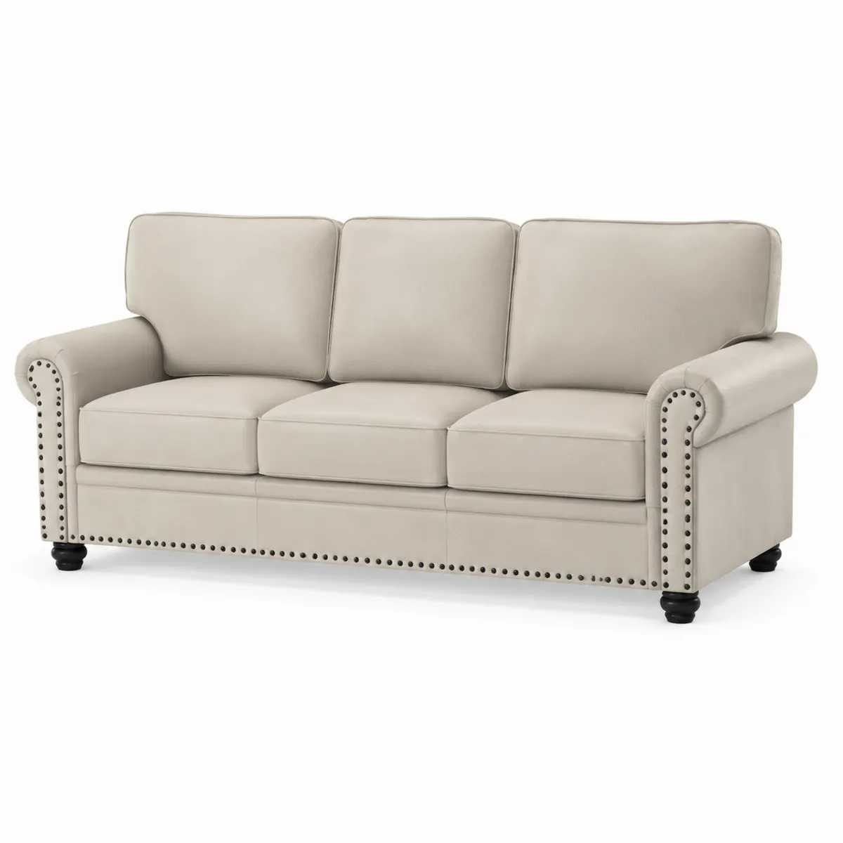 Sofa aus Kunstleder in Creme mit Nietenverzierung 220x90x85 cm