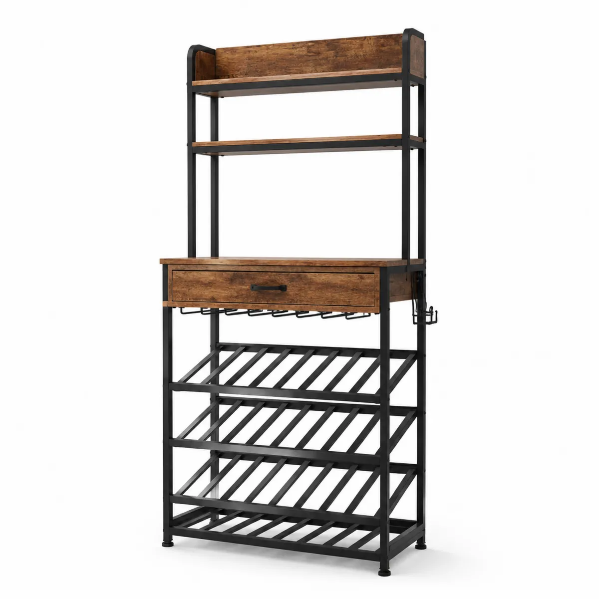 Weinregal aus Stahl und Holz mit Ablagen und Schublade, 180x80x40cm