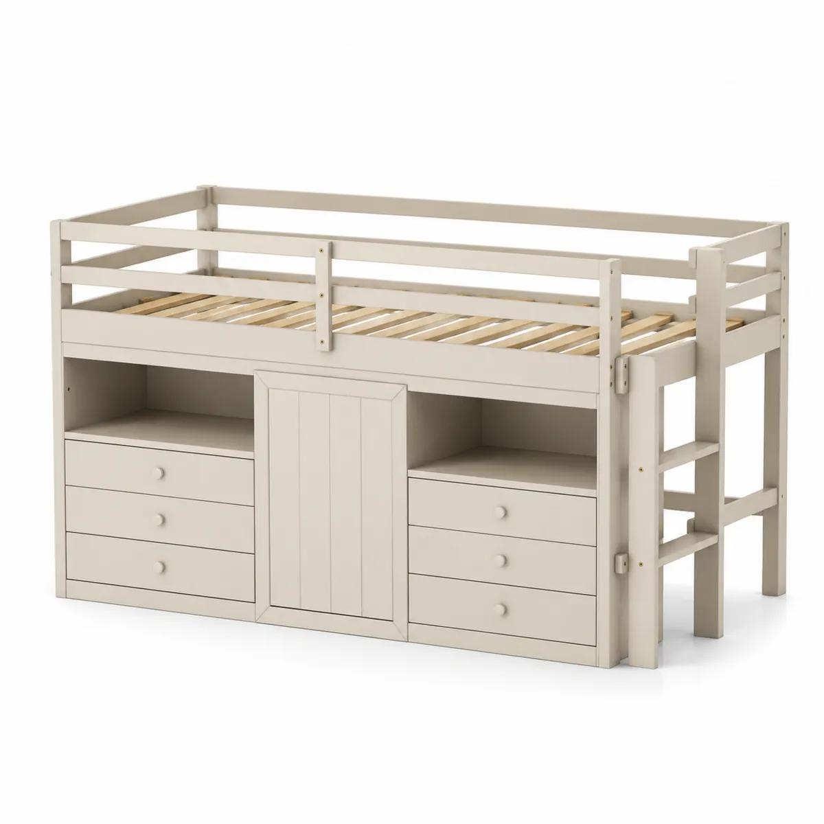 Hochbett aus Holz mit Schubladen und Leiter Beige 200x90cm