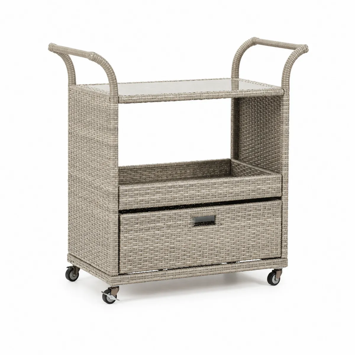 Rattan-Servierwagen mit Glas und Rollen Grau