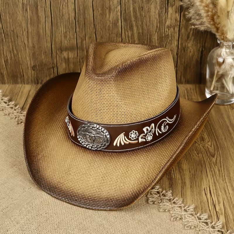 Classic Western Straw Cowboy Hat | Embroidered Leather Band Rodeo Hatt