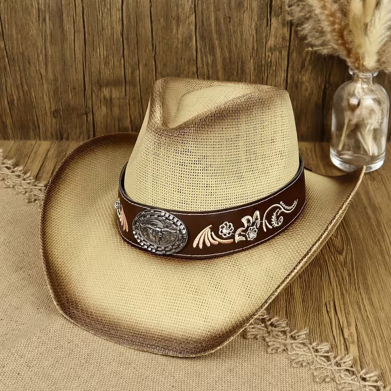 Classic Western Straw Cowboy Hat | Embroidered Leather Band Rodeo Hatt