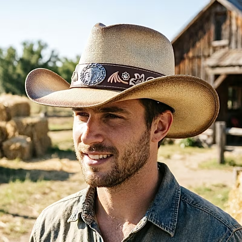 Classic Western Straw Cowboy Hat | Embroidered Leather Band Rodeo Hatt