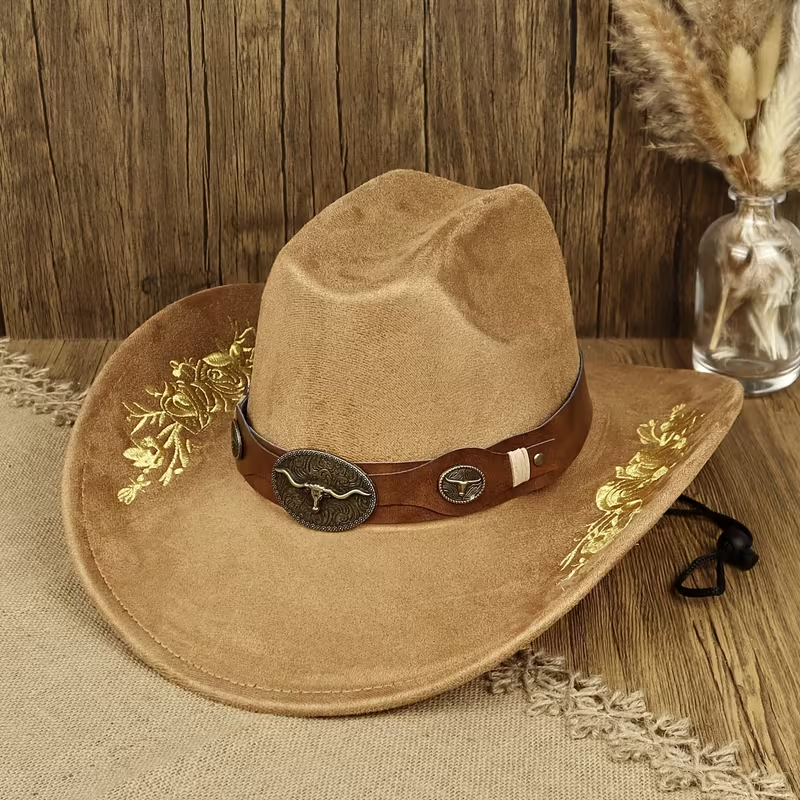 Vintage Western Cowboy Hat | Embroidered Cowgirl Hat with Leather Band