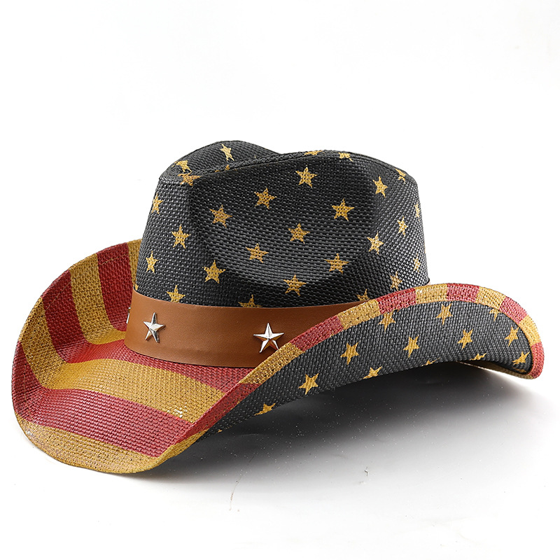 American Flag | Black Straw Cowboy Hat for Men Women Western Sun Hat