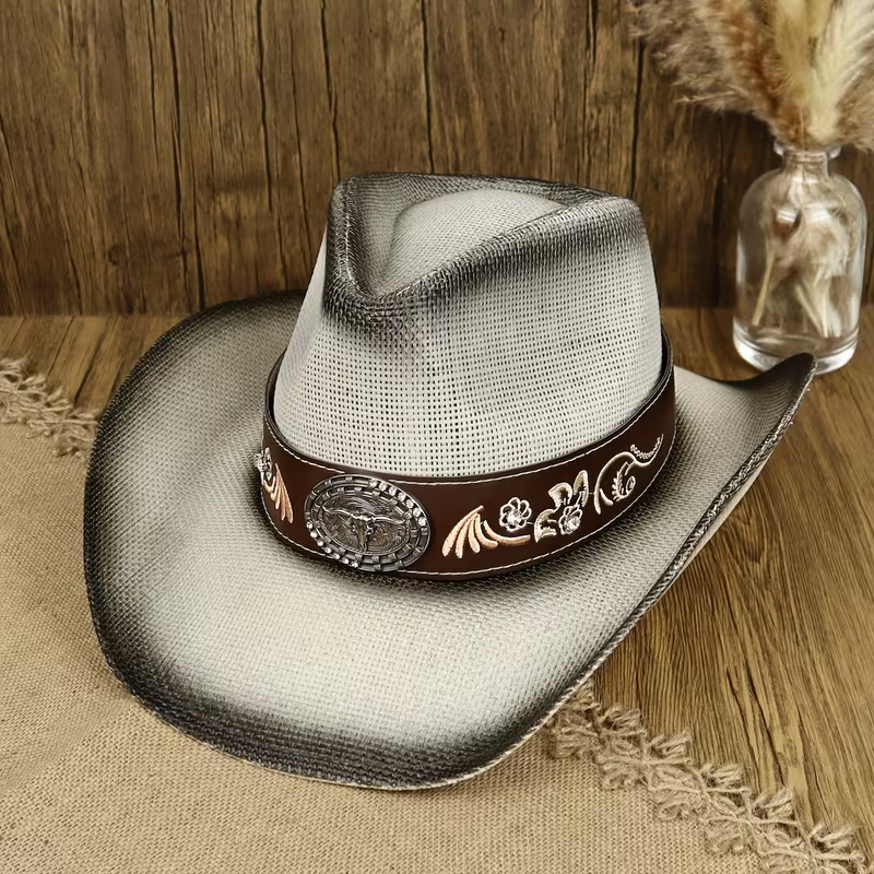 Classic Western Straw Cowboy Hat | Embroidered Leather Band Rodeo Hatt