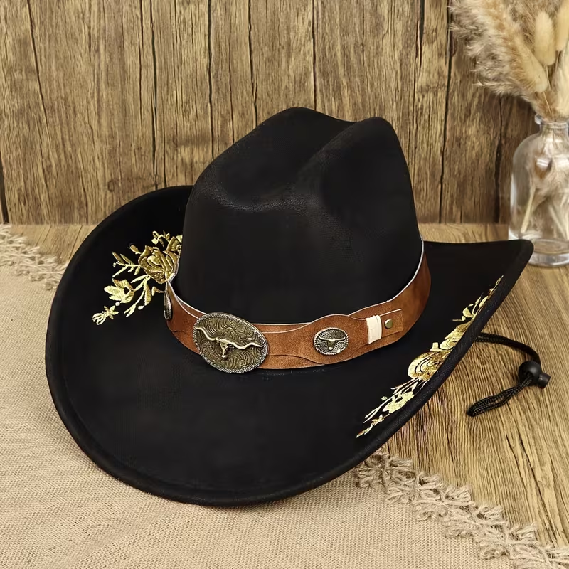 Vintage Western Cowboy Hat | Embroidered Cowgirl Hat with Leather Band