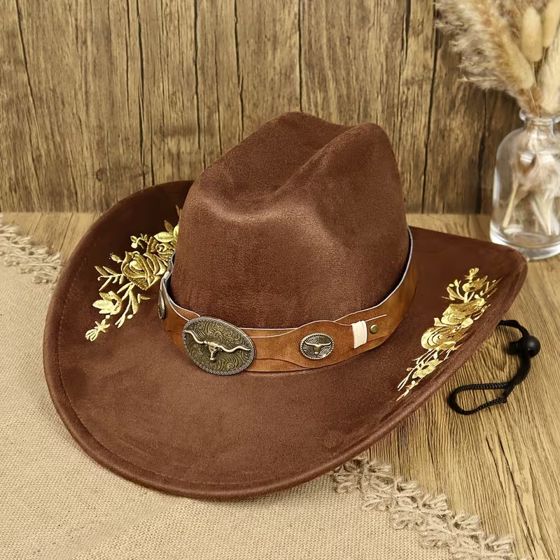 Vintage Western Cowboy Hat | Embroidered Cowgirl Hat with Leather Band