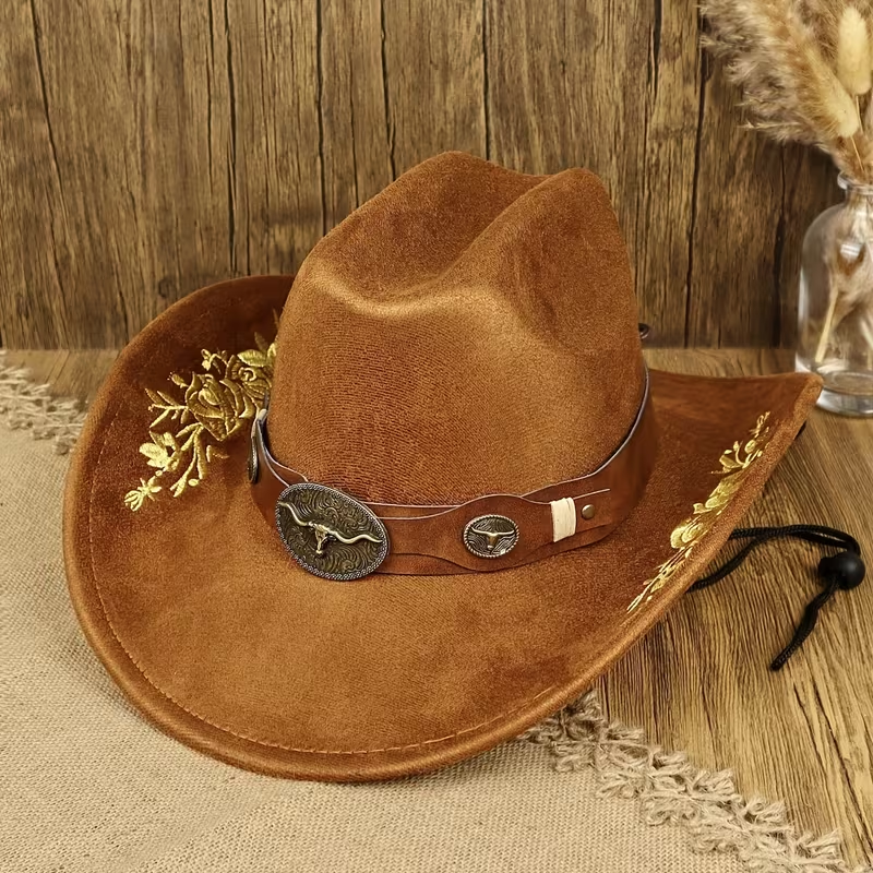 Vintage Western Cowboy Hat | Embroidered Cowgirl Hat with Leather Band