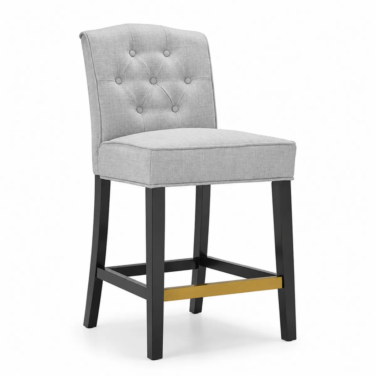 Sgabello in Tessuto di Lino Grigio con Gambe in Legno e Poggiapiedi in Metallo Dorato-Nordiclumichic