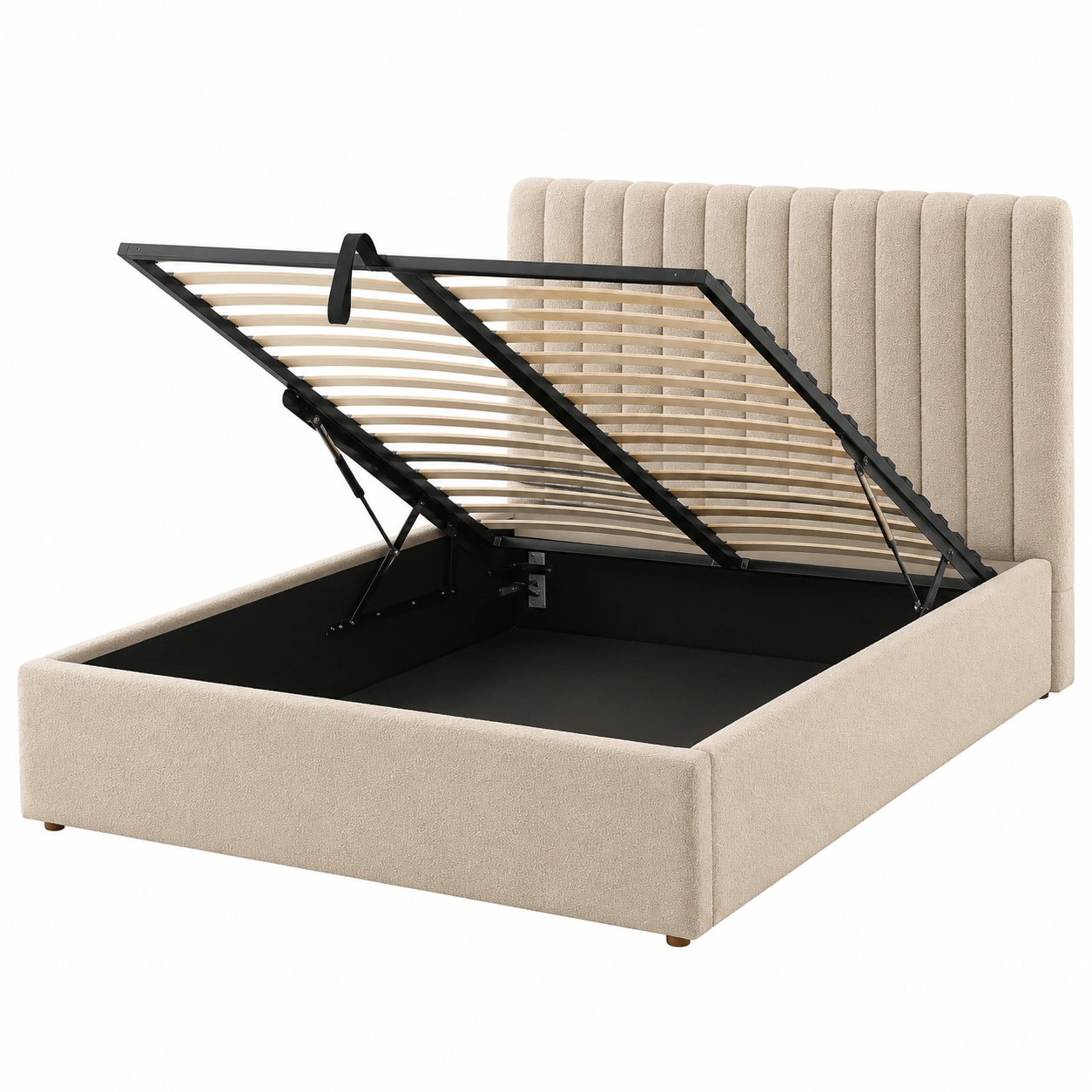 Cama tapizada beige con almacenamiento interior y cabecero acolchado vertical-woodvique