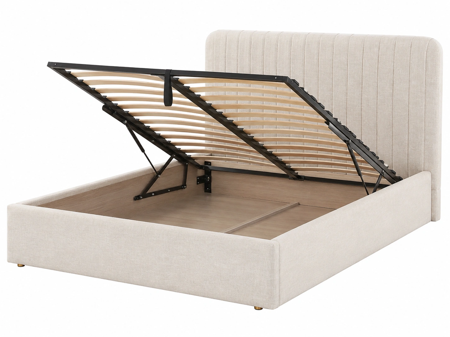 Cama tapizada minimalista color crema con base elevable y espacio de almacenaje-woodvique