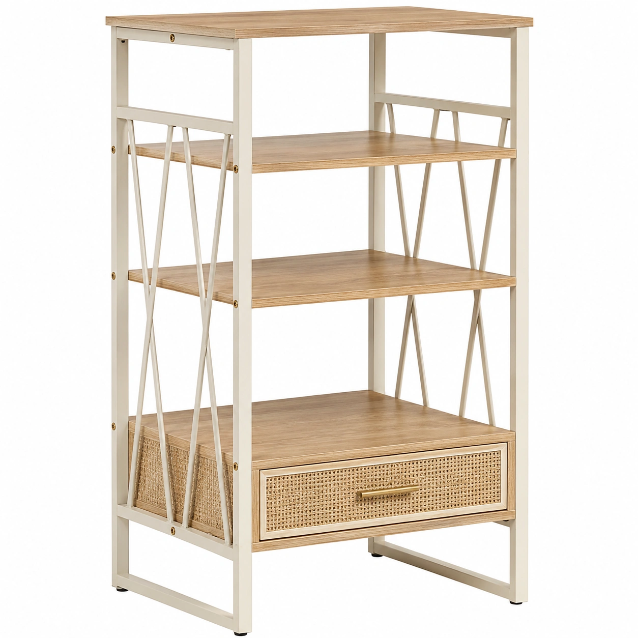 Estanteria moderna beige y madera natural con cajon decorativo de rejilla-woodvique