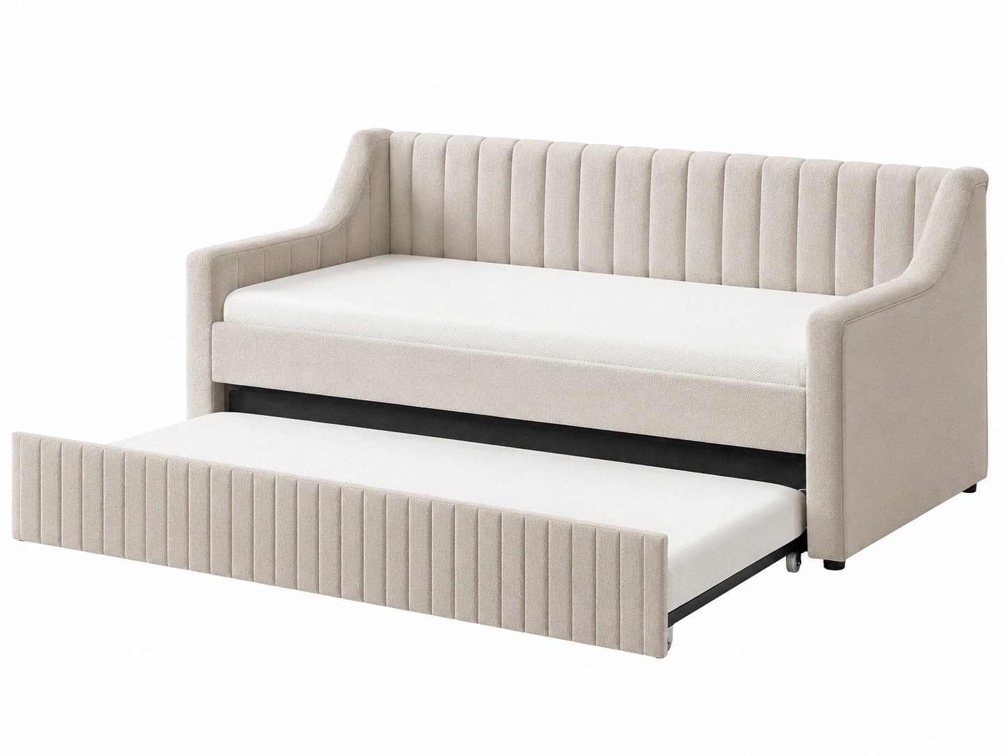 Sofa cama juvenil acolchado con cama deslizante tapizada en color beige claro-woodvique