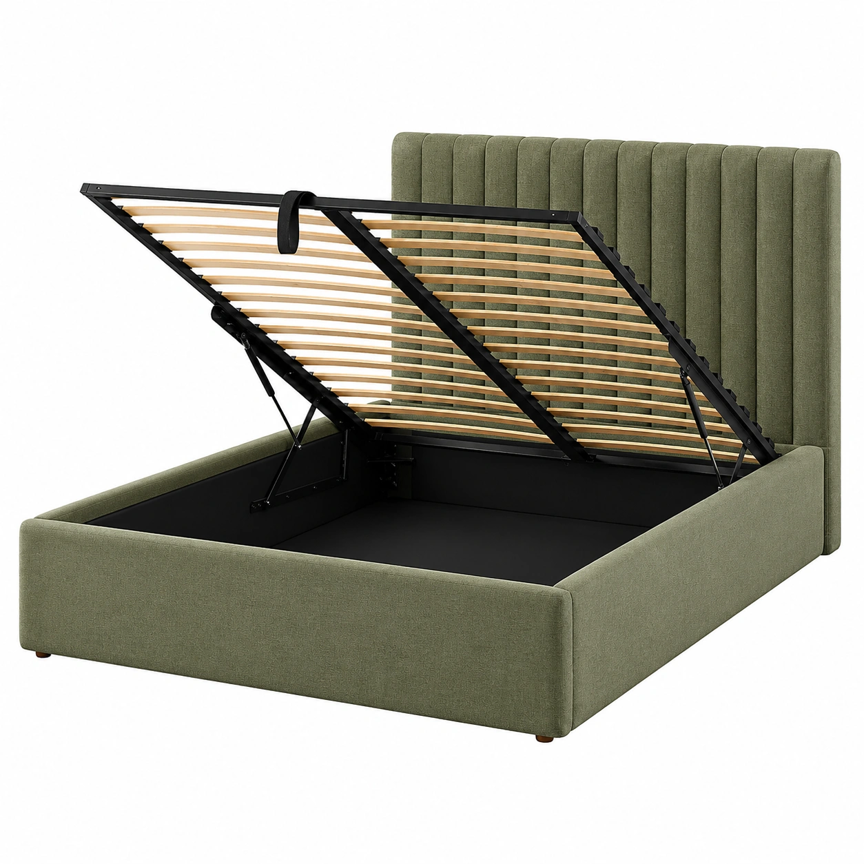 Cama tapizada con almacenaje abatible y cabecero acolchado en color verde oliva-woodvique