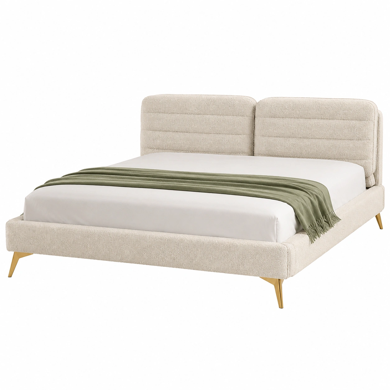 Cama tapizada moderna color crema con cabecero acolchado y patas doradas-woodvique