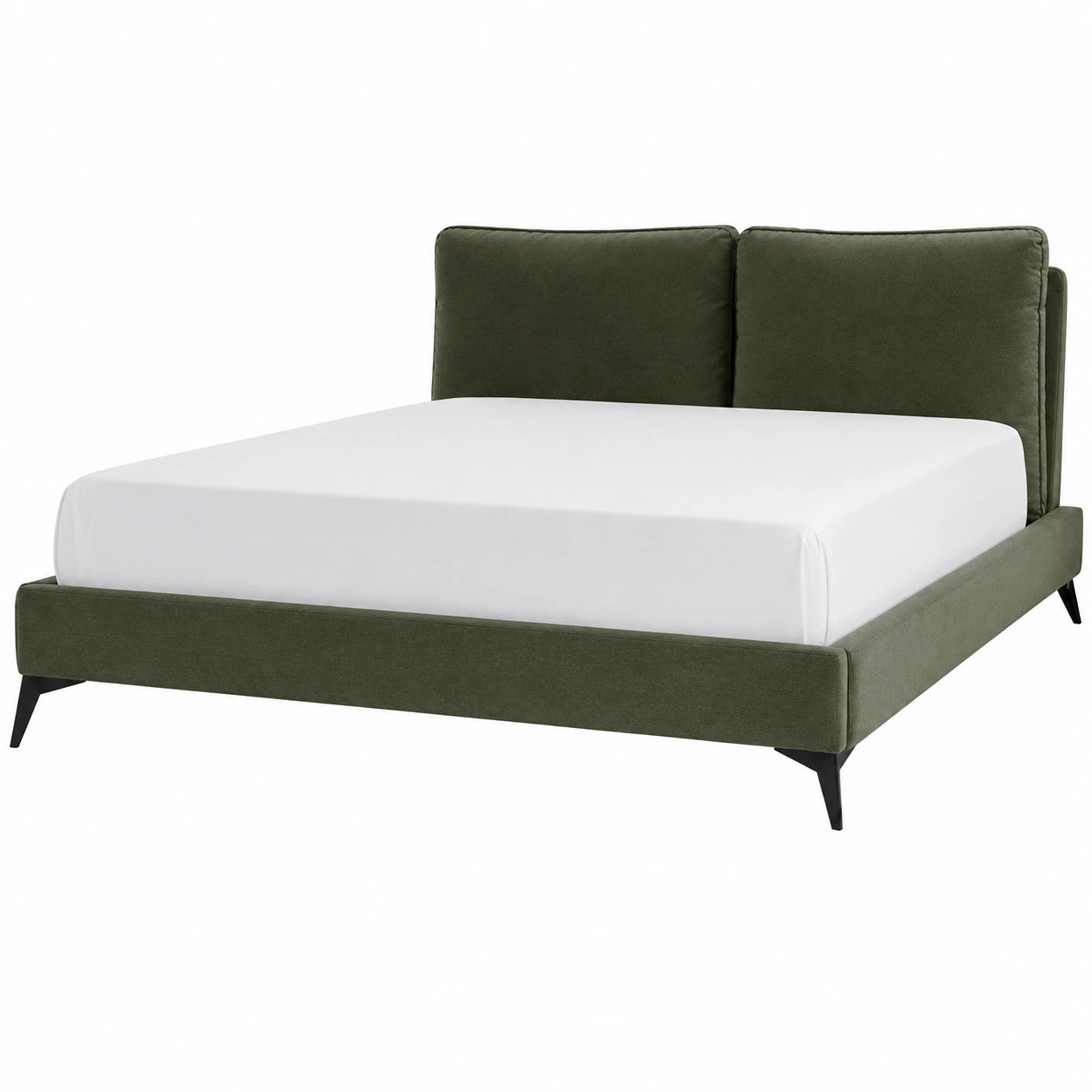 Cama moderna tapizada verde oscuro con estructura minimalista y patas negras-woodvique