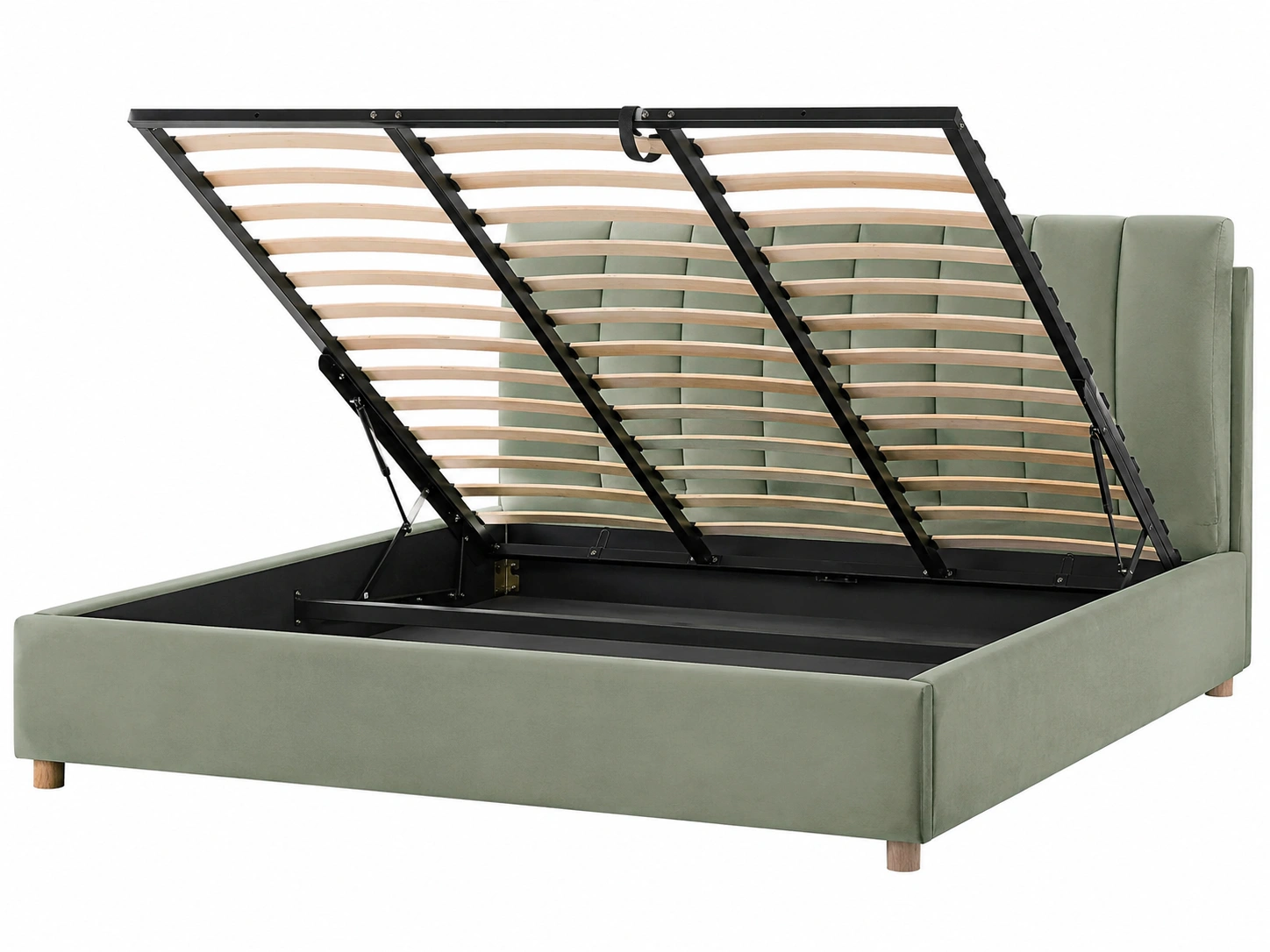 Cama tapizada moderna verde salvia con almacenaje interior abatible y estructura reforzada-woodvique