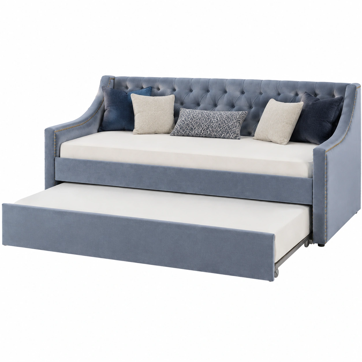 Sofa cama nido clasico azul terciopelo con respaldo capitone y detalles dorados-woodvique