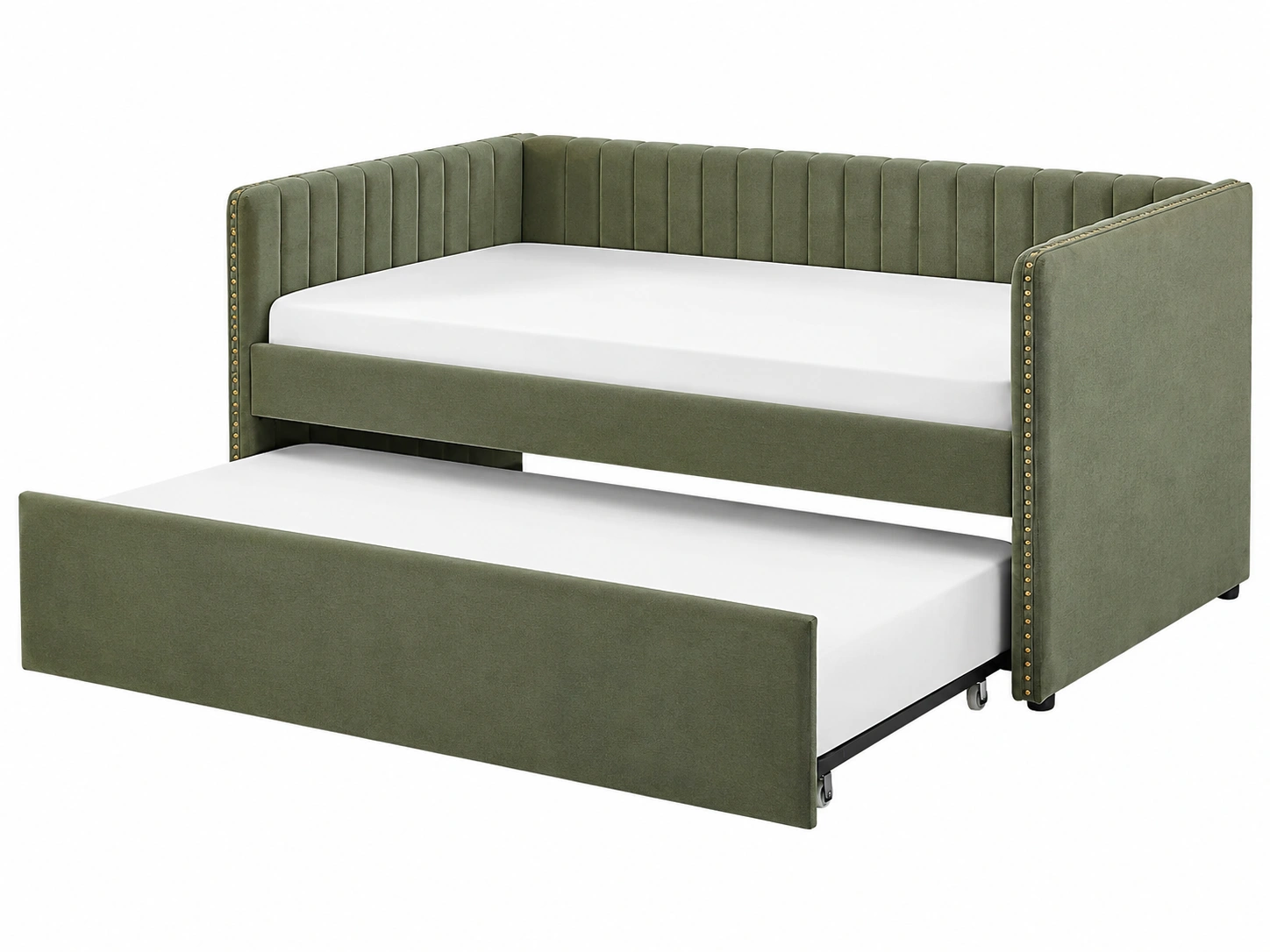Sofa cama nido tapizado verde oliva moderno con detalles metalicos para dormitorio juvenil-woodvique