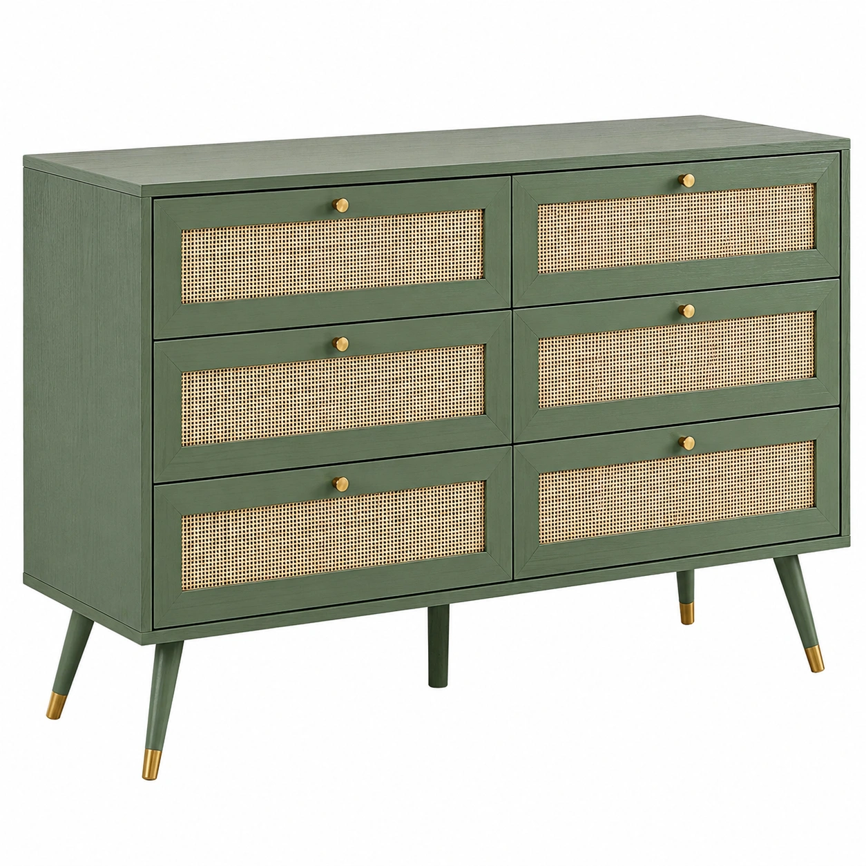 Comoda verde salvia vintage con seis cajones de ratan y patas metalicas-woodvique