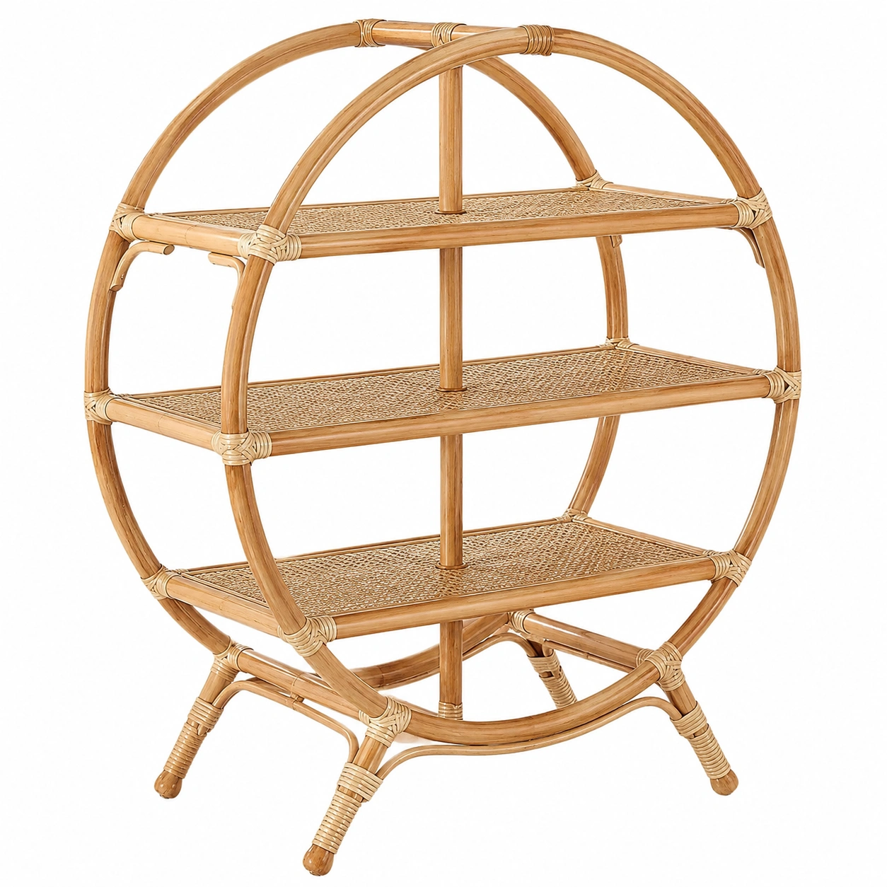 Estanteria redonda de ratan natural estilo bohemio con tres niveles abiertos-woodvique