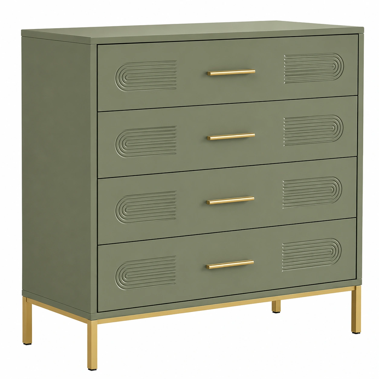Comoda metalica contemporanea de cuatro cajones verde salvia con patas-woodvique