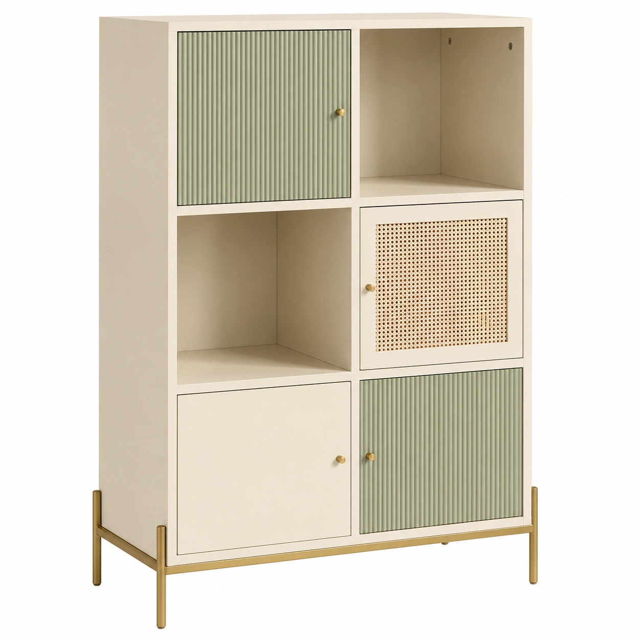 Estanteria modular moderna con puertas decorativas y compartimentos abiertos-woodvique