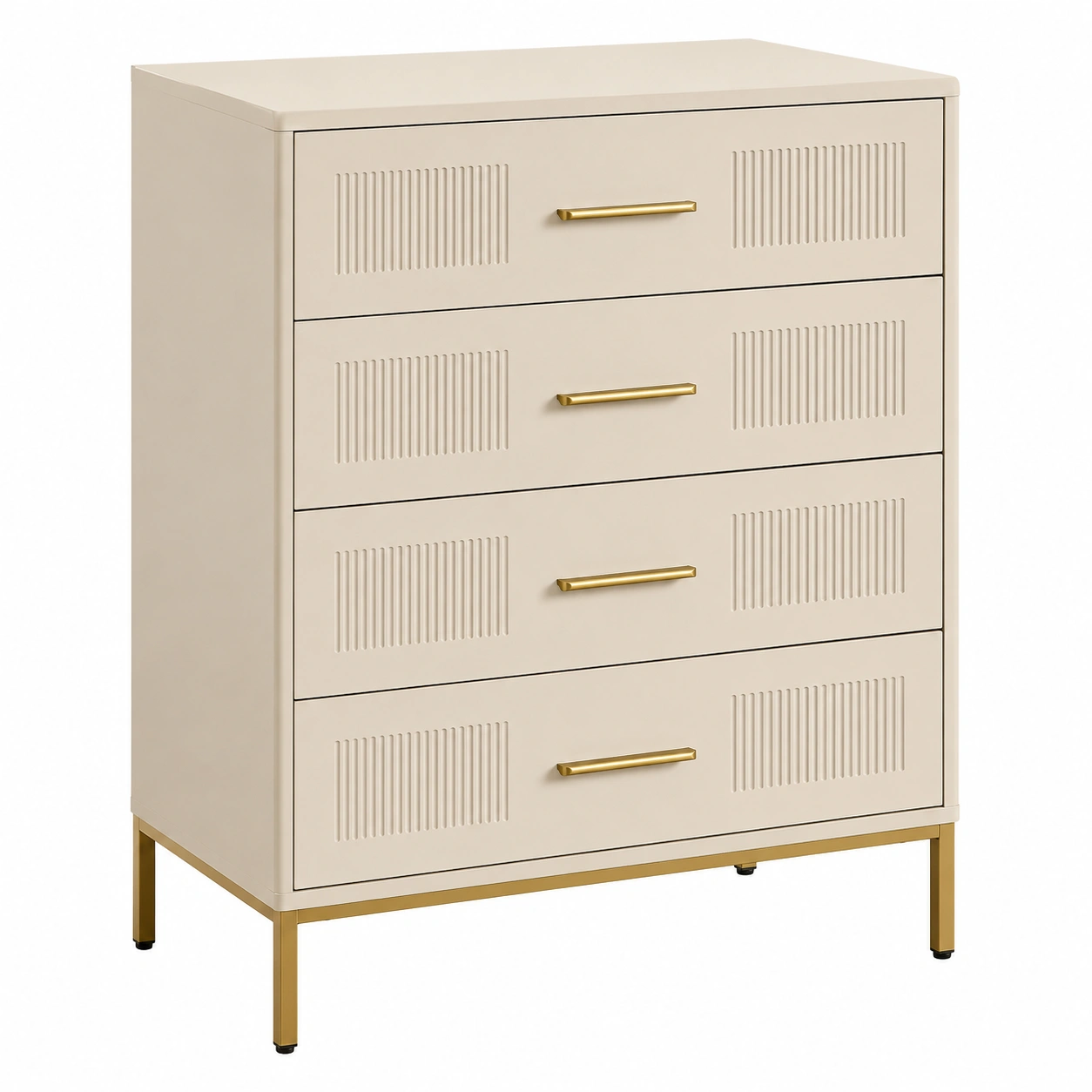 Comoda beige crema de cuatro cajones con frentes acanalados y tiradores dorados-woodvique