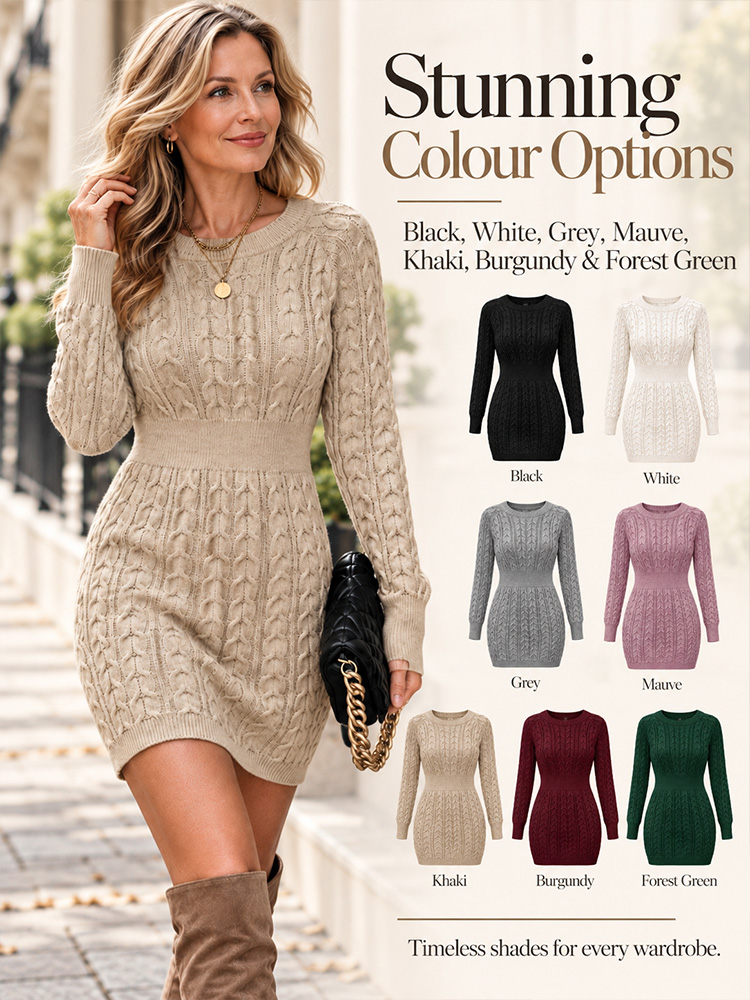 Women’s Cable Knit Bodycon Jumper Dress – Round Neck, Long Sleeve, Fitted Mini for Autumn/Winter---Buy 2 Get 15% Off & Free Shipping!