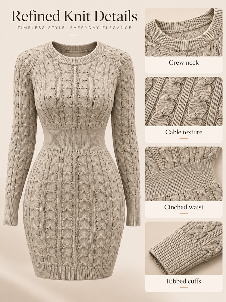 Women’s Cable Knit Bodycon Jumper Dress – Round Neck, Long Sleeve, Fitted Mini for Autumn/Winter---Buy 2 Get 15% Off & Free Shipping!