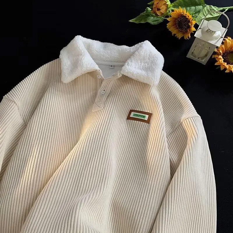 Men‘s Corduroy Polo Sweater – Thickened Fleece-Lined, Lamb Wool Blend, Vintage Streetwear, Long Sleeve for Autumn/Winter---Buy 2 Get 15% Off & Free Shipping!