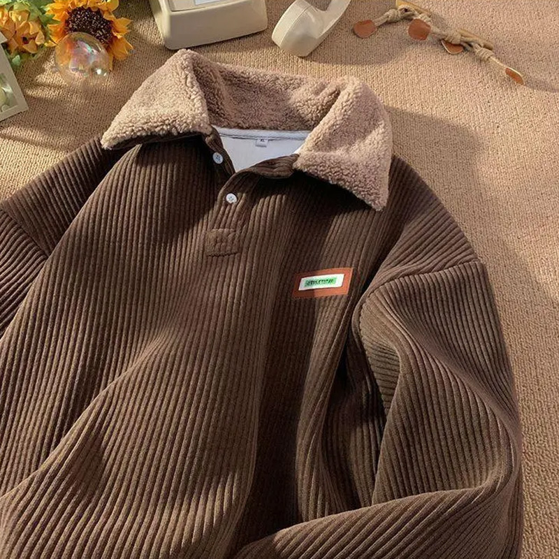 Men‘s Corduroy Polo Sweater – Thickened Fleece-Lined, Lamb Wool Blend, Vintage Streetwear, Long Sleeve for Autumn/Winter---Buy 2 Get 15% Off & Free Shipping!