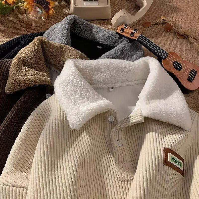 Men‘s Corduroy Polo Sweater – Thickened Fleece-Lined, Lamb Wool Blend, Vintage Streetwear, Long Sleeve for Autumn/Winter---Buy 2 Get 15% Off & Free Shipping!