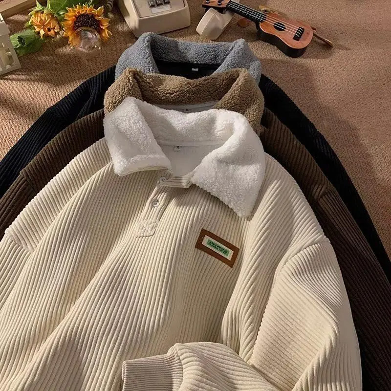 Men‘s Corduroy Polo Sweater – Thickened Fleece-Lined, Lamb Wool Blend, Vintage Streetwear, Long Sleeve for Autumn/Winter---Buy 2 Get 15% Off & Free Shipping!