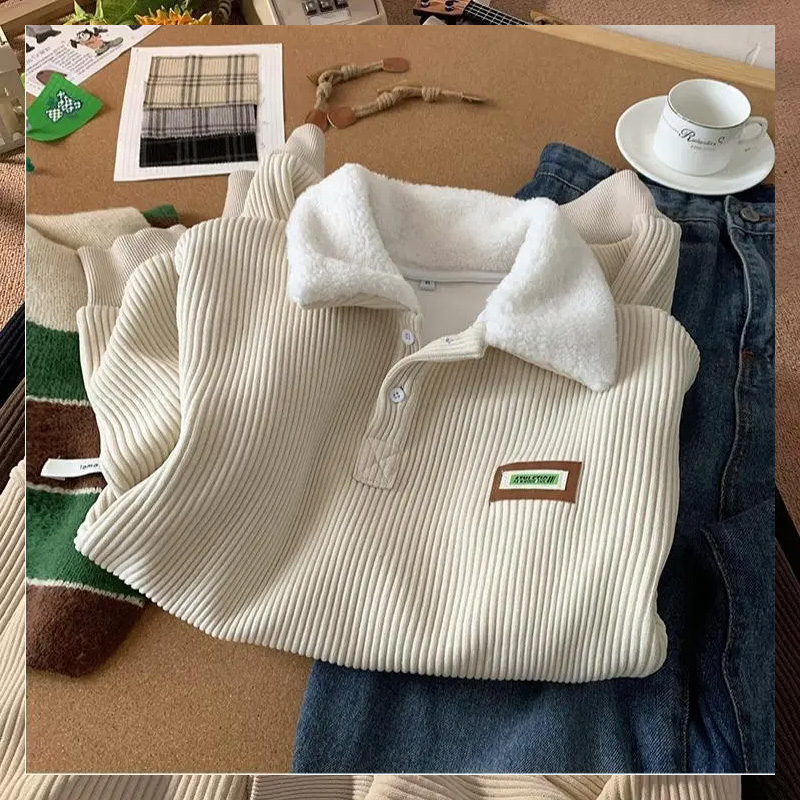 Men‘s Corduroy Polo Sweater – Thickened Fleece-Lined, Lamb Wool Blend, Vintage Streetwear, Long Sleeve for Autumn/Winter---Buy 2 Get 15% Off & Free Shipping!