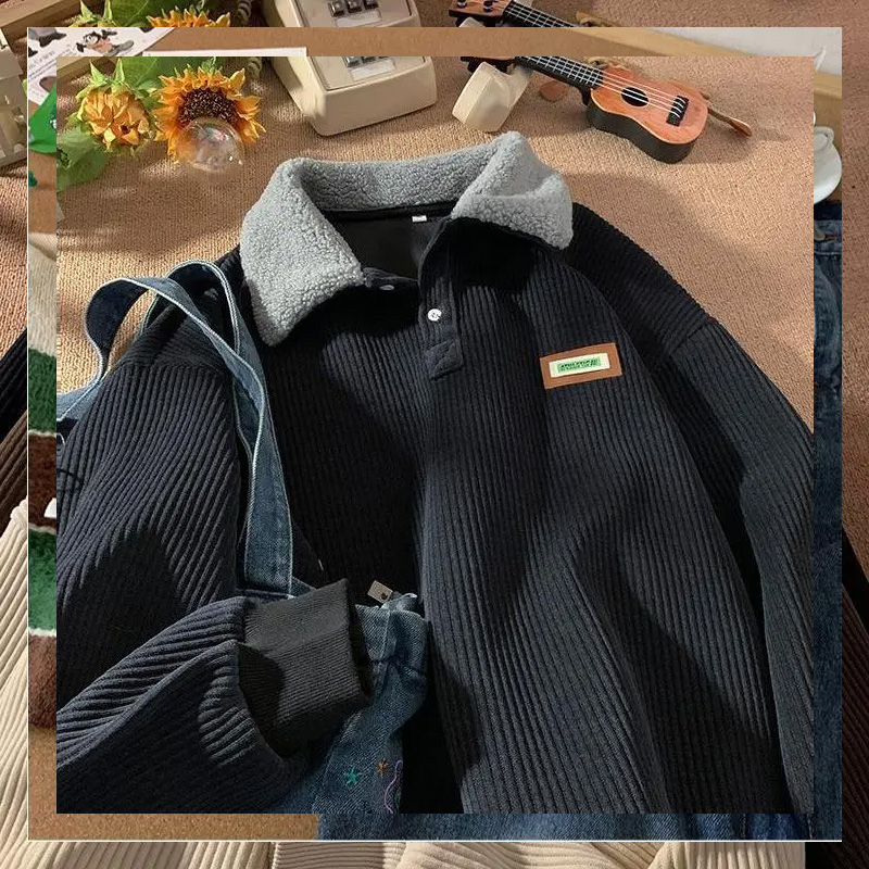 Men‘s Corduroy Polo Sweater – Thickened Fleece-Lined, Lamb Wool Blend, Vintage Streetwear, Long Sleeve for Autumn/Winter---Buy 2 Get 15% Off & Free Shipping!