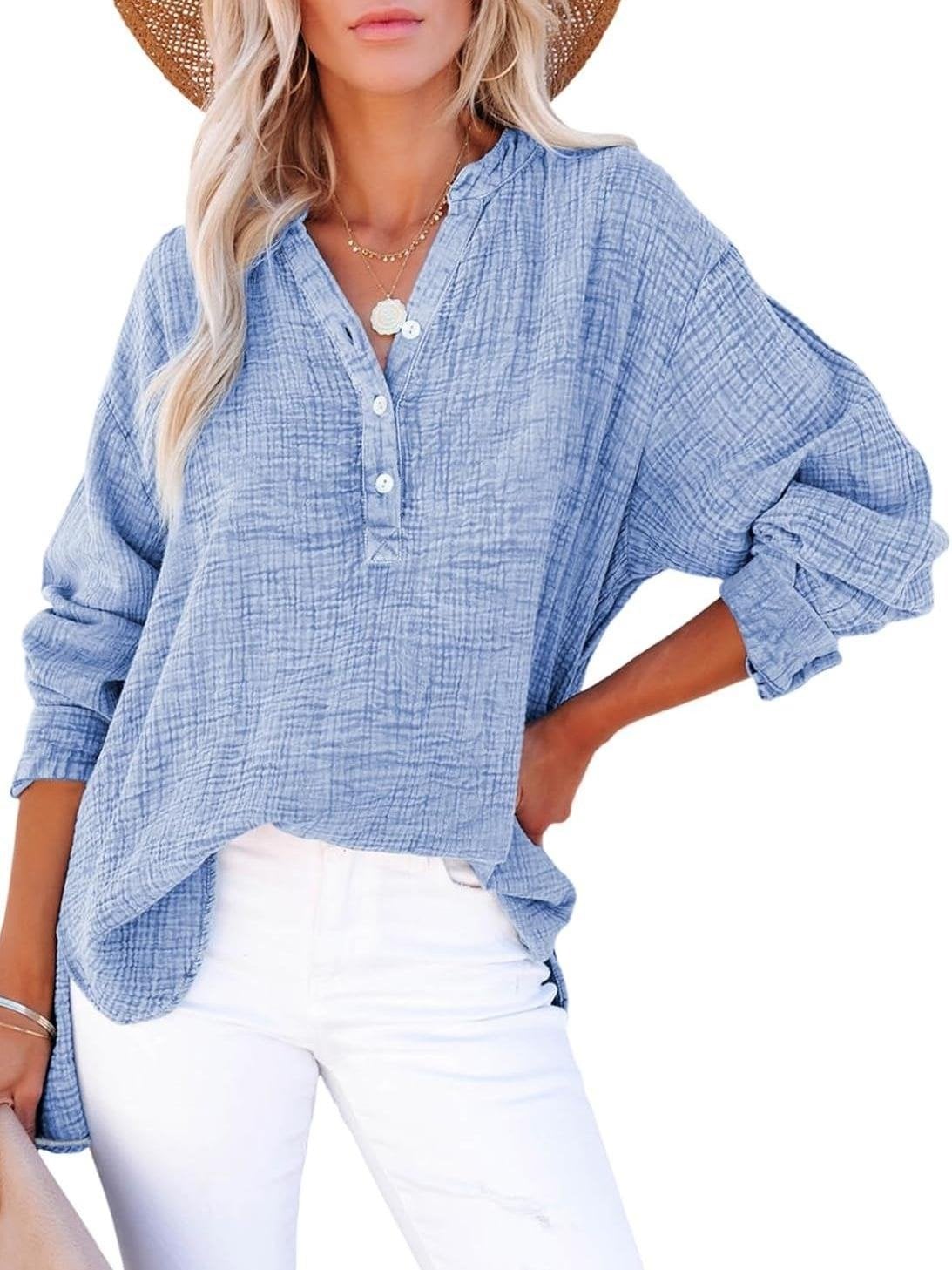 Women’s Oversized V-Neck Blouse – 100% Cotton, Button Front, Textured, Long Sleeve, Loose Fit for Spring/Autumn---Buy 2 Get 15% Off & Free Shipping!