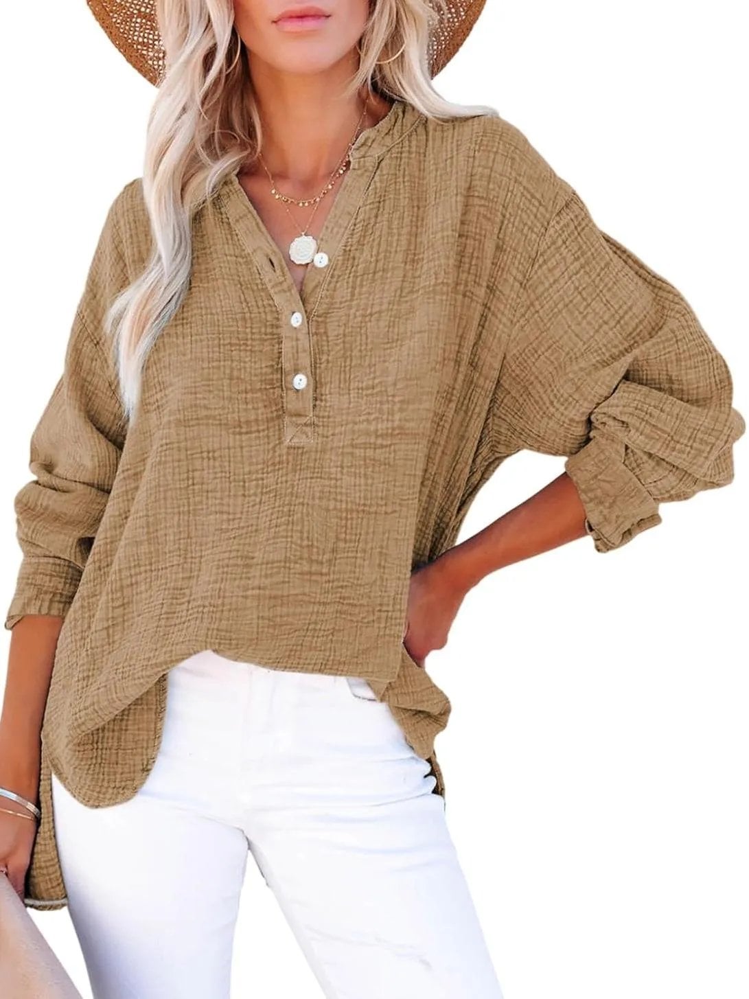 Women’s Oversized V-Neck Blouse – 100% Cotton, Button Front, Textured, Long Sleeve, Loose Fit for Spring/Autumn---Buy 2 Get 15% Off & Free Shipping!