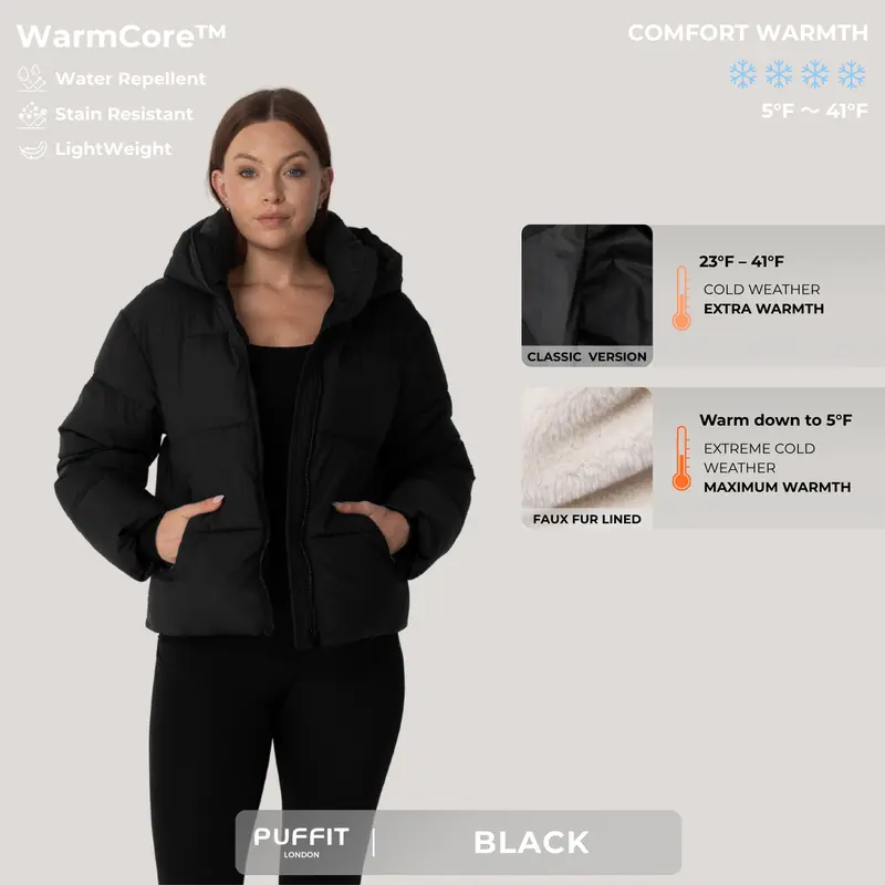 Women’s Short Puffer Jacket – Removable Hood, Faux Fur Lining Option, Zip Pockets, Warm Quilted Coat for Winter---Buy 2 Get 15% Off & Free Shipping!